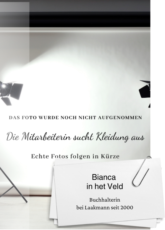 Hinweistafel für ein noch nicht aufgenommenes Mitarbeiterfoto von Bianca in het Veld